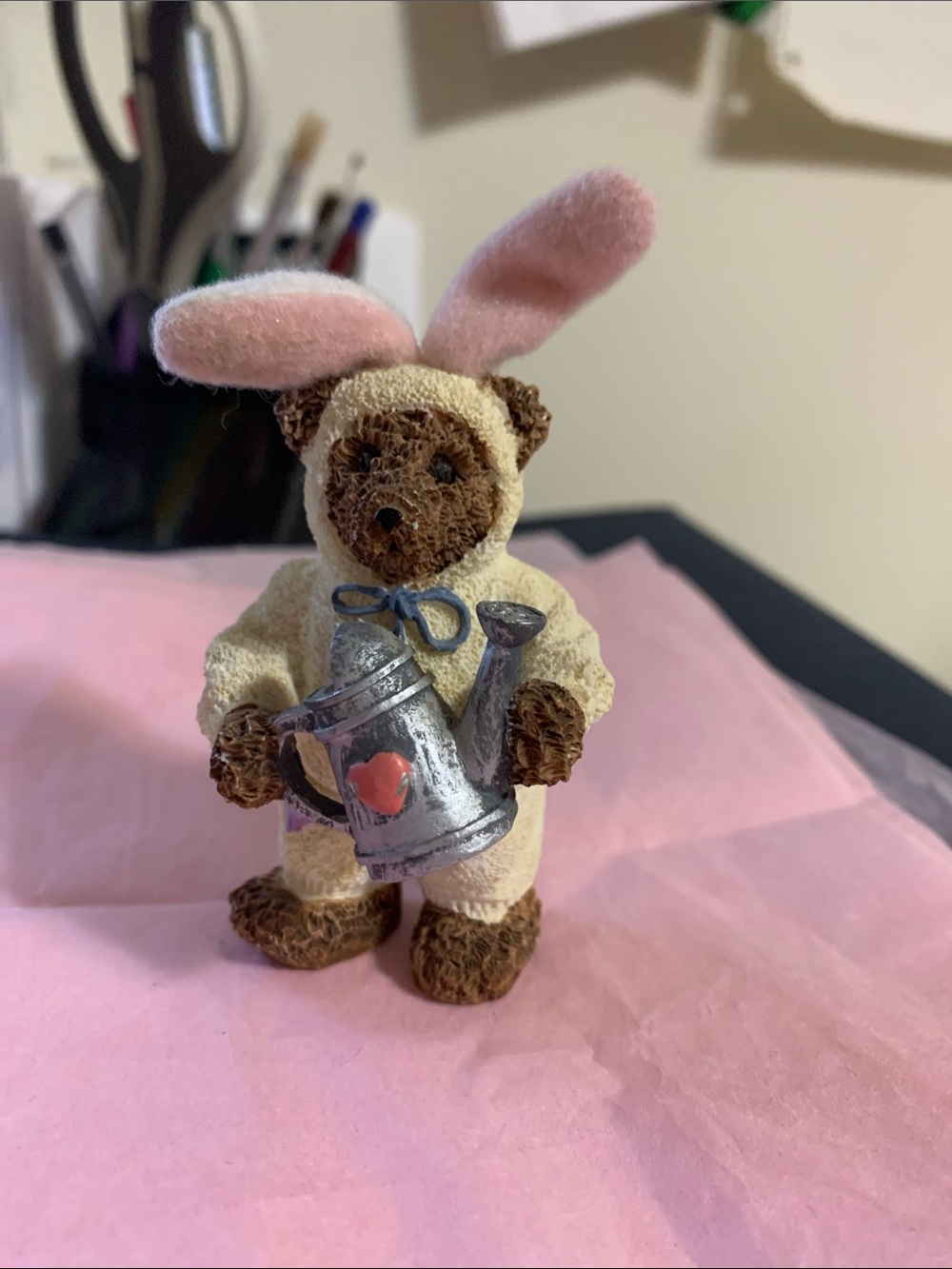 Bear Figurine Wearing Bunny Ears Holding Watering Can - Pink & Cream